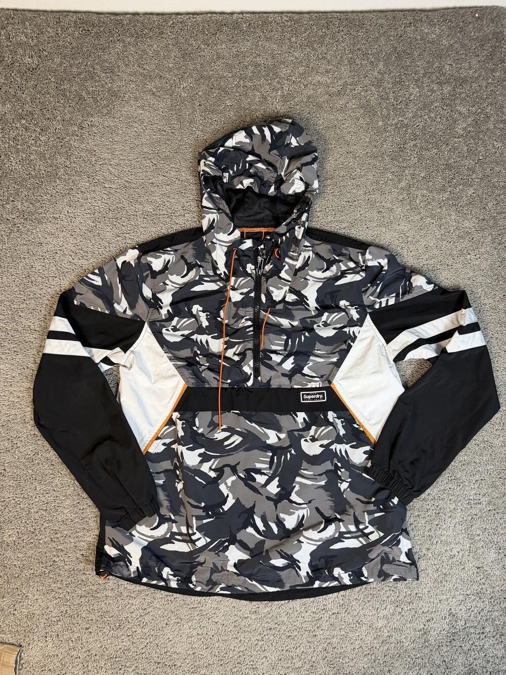Superdry Jacket Mens 3XL Black Camouflage Anorak Hooded 1/4 Zip Lined Casual